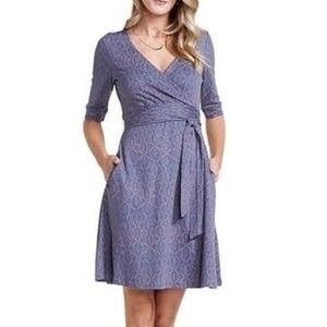 Toad & Co. Cue Wrap Cafe Organic Cotton Dress Women's L Faux Wrap Blue Orange